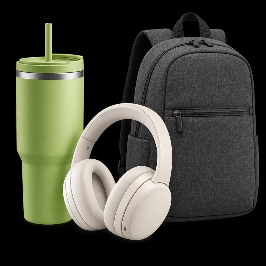 An unbranded lime tumbler, ivory headphones and charcoal daypack